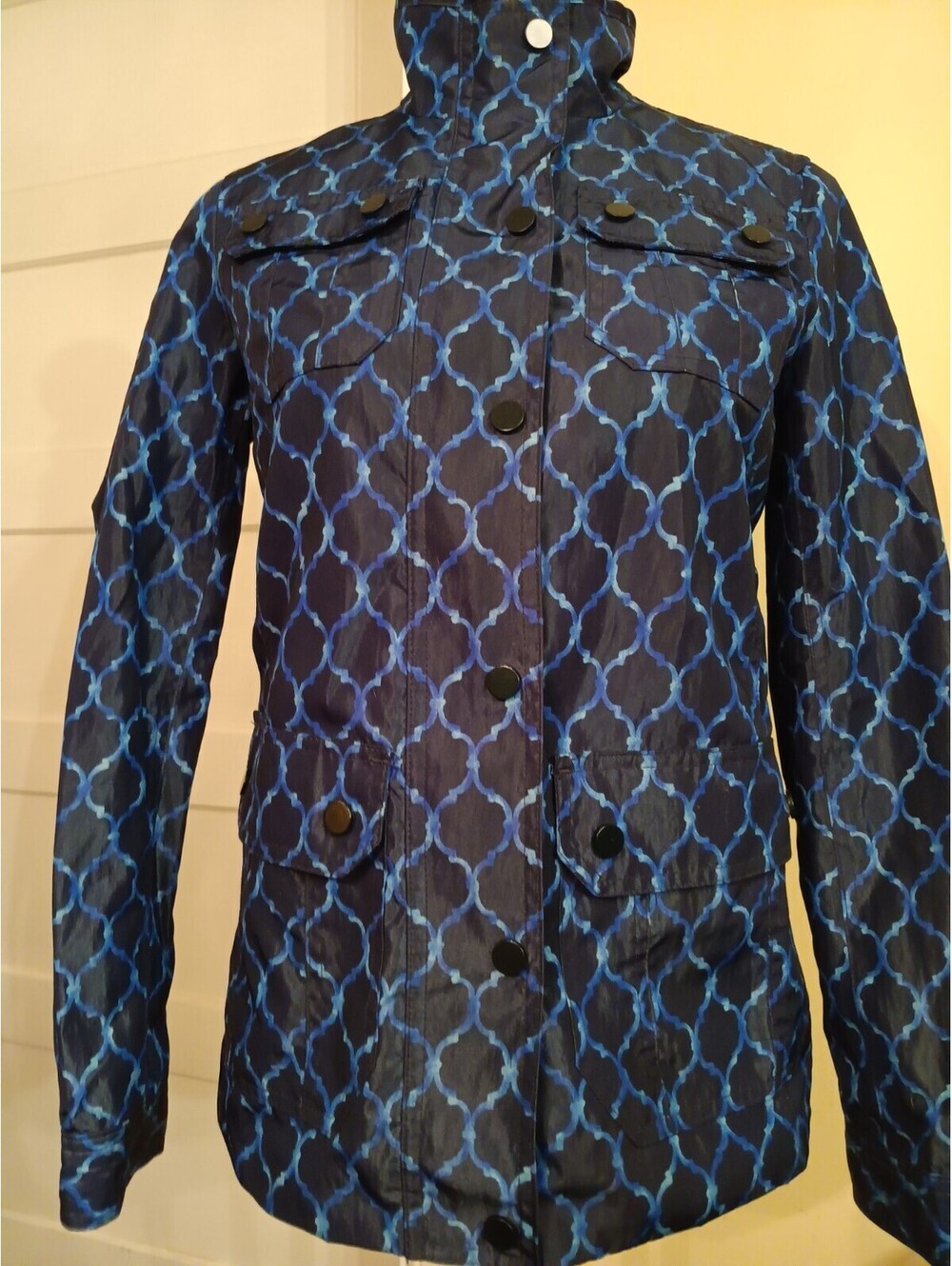 Charter Club Blue Spring Zip Up Snap Jacket Women’s Size XS Geometric Pattern